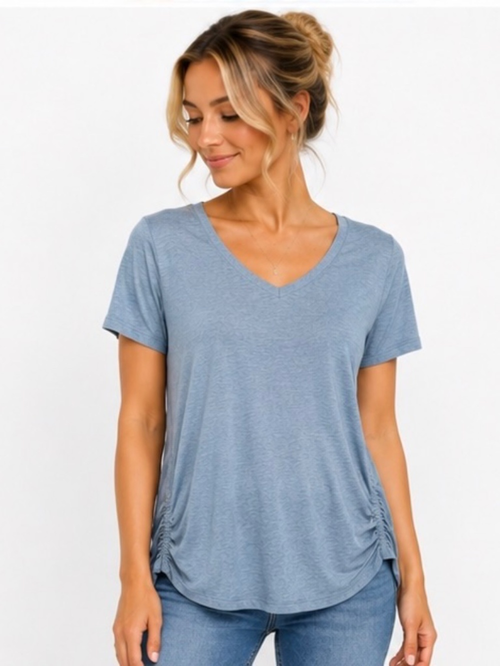 Gaiam Blue Ruched Side Top Large L Short Sleeve Yoga Activewear Tee